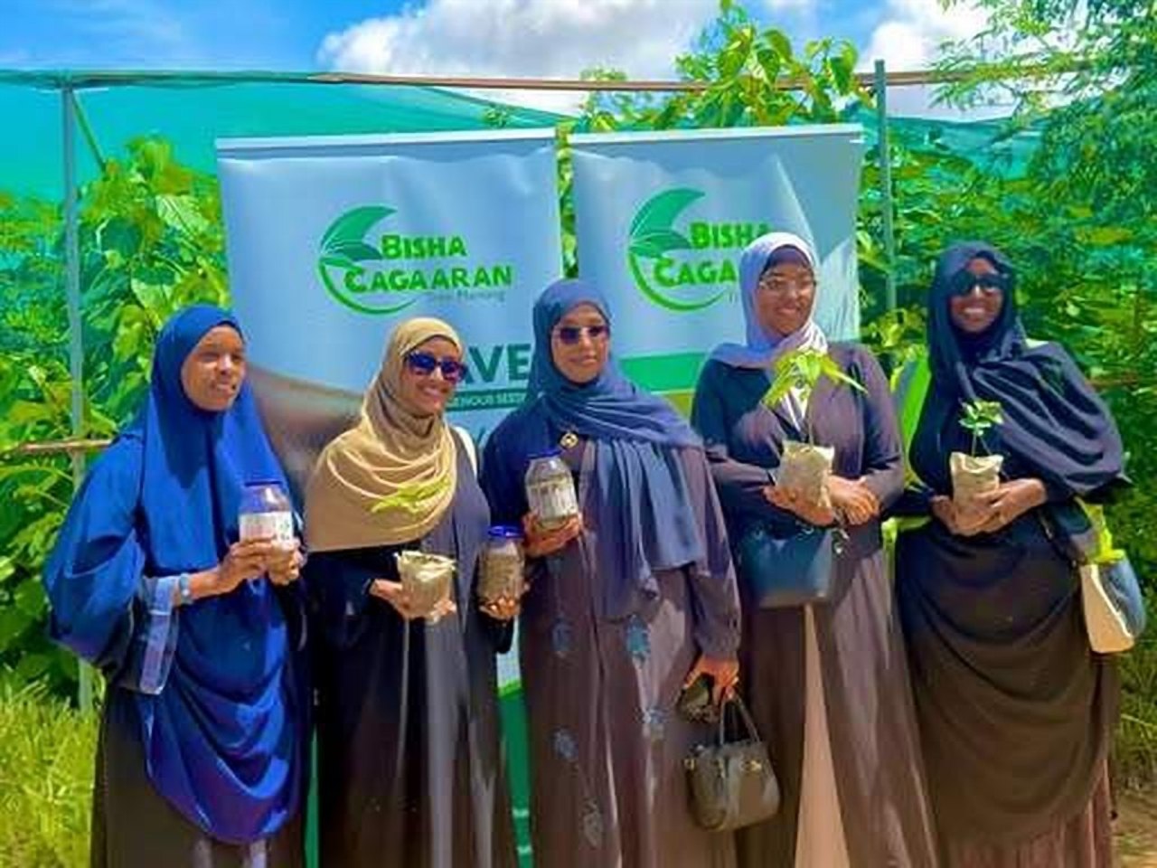 Women holding small tree seedlings at a tree-planting event.