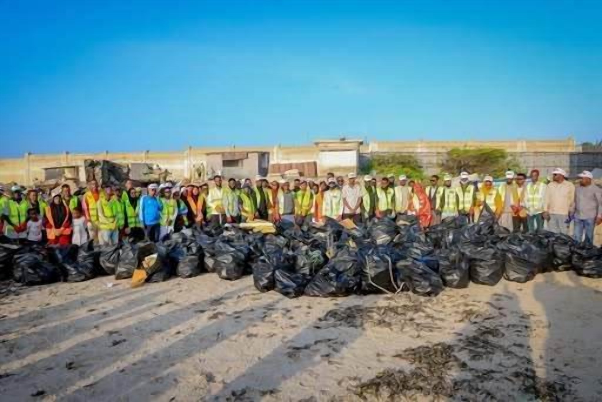 A large group of volunteers standing behind rows of black rubbish bags after a beach clean-up.